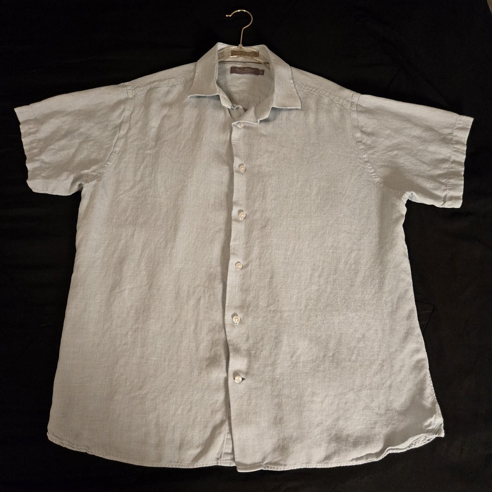 Daniel Cremieux Shirt Mens Large Blue Lyocell Hemp Short Sleeve Button Up Casual
